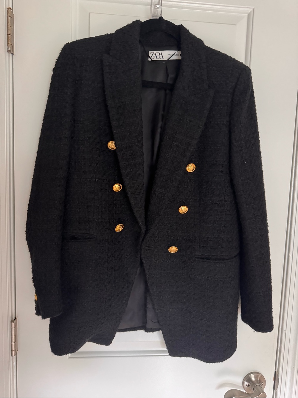 Zara Black Textured Double-Breasted Blazer with Gold Buttons
